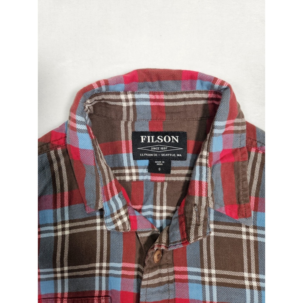 CC Filson Scout Shirt Men Small Brown Blue Cream Plaid Flannel Outdoor Workwear
